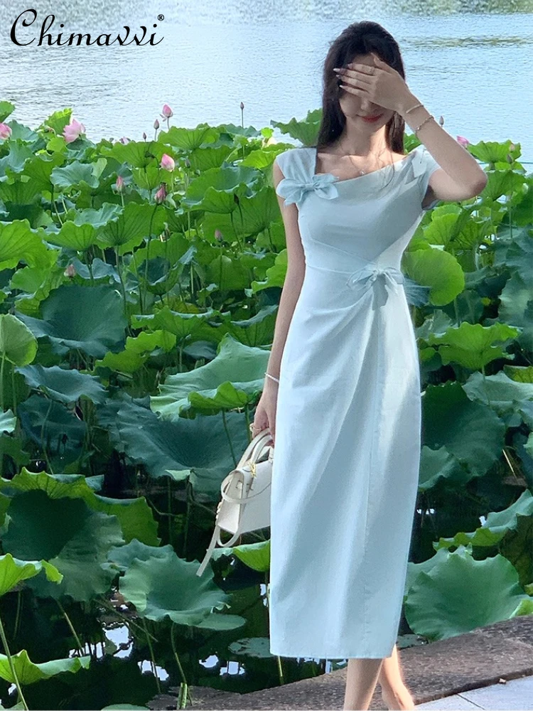 

French Elegant Fashion Casual Blue Dresses Summer Asymmetric Twist Sleeveless High Waist Slim A-line Elegant Long Dress Women