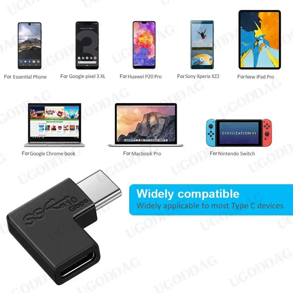 Adaptador USB tipo C de ángulo recto de 90 grados, convertidor de USB-C macho a hembra para teléfono inteligente y portátil, 10GBbps de carga rápida