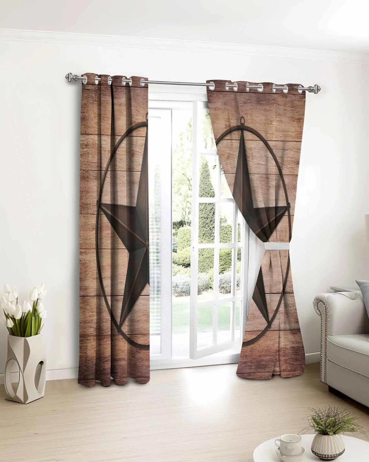 

2pcs, 1 panel Western Texas Brown Wood Grain Star Polyester Window Curtains For Living Room Kitchen Bedroom Drapes