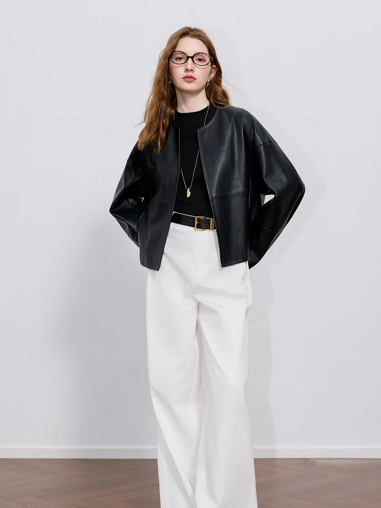 سترة جلدية سوداء من CHEERART Old Money Lichee الملمس للنساء معاطف جلدية قصيرة موضة خريف 2025 ملابس الخريف