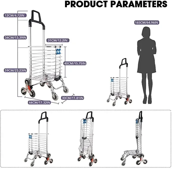 휴대용 계단 등반 카트, 바퀴 8 개, 식료품 카트, 접이식 쇼핑