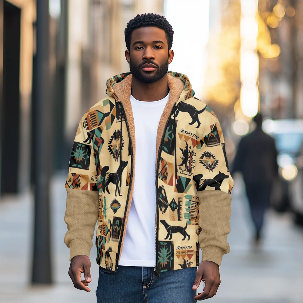 Chaquetas de doble capa con capucha de lana gruesa para hombre y mujer, cremalleras de bolsillo de calle con estampado retro para invierno y otoño, calidez al aire libre