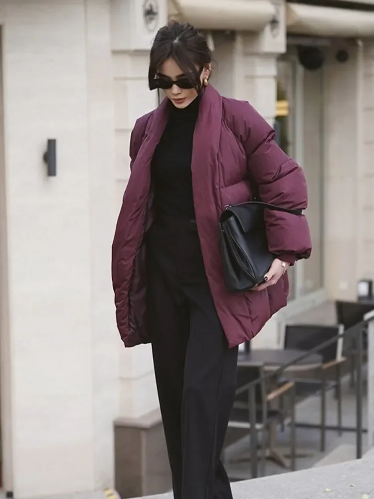 Chaqueta gruesa y cálida Borgoña para mujer, abrigos de invierno de alta calidad con cuello de pico a la moda, ropa de calle elegante para oficina