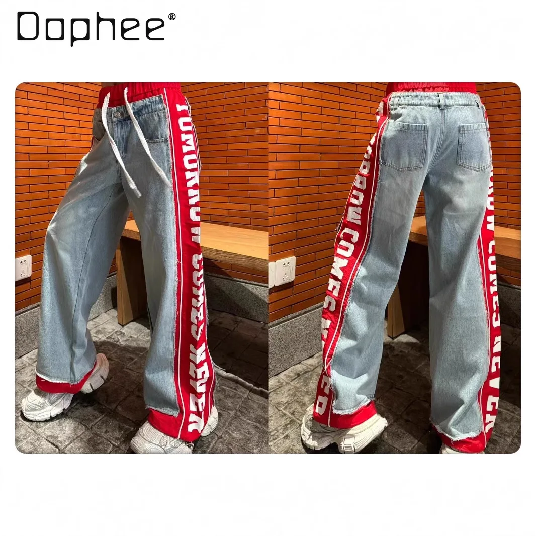 

Женские джинсы в европейском стиле, весна-осень 2023, красные лоскутные длинные брюки с буквенным принтом и эластичной лентой на шнурке, модные черные джинсы