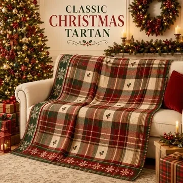 Vintage Christmas Tartan Plaid Throw Blanket, Holly Snowflake Border Holiday Flannel Blanket