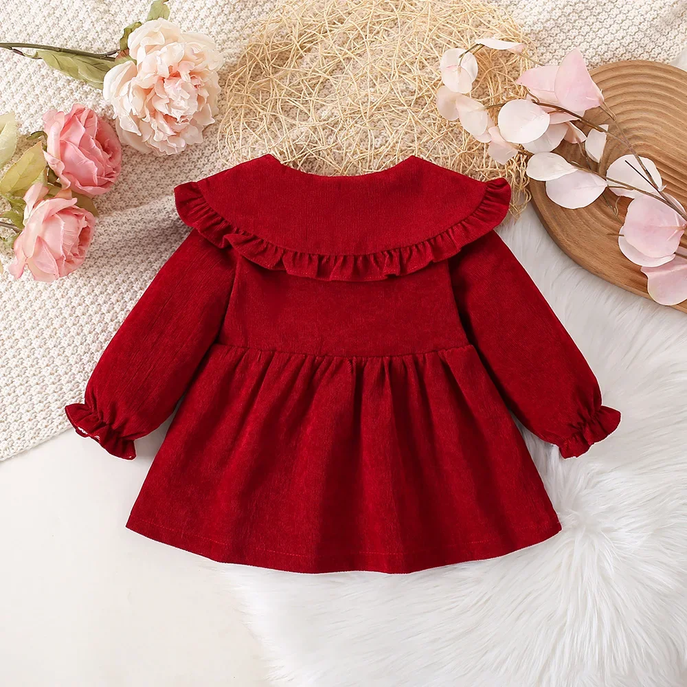 New Autumn/Winter Dress Solid Color Bow Button Solid Color Lapel Lace Pleated Sweet Princess Dress (0-3 Years Old Girls)