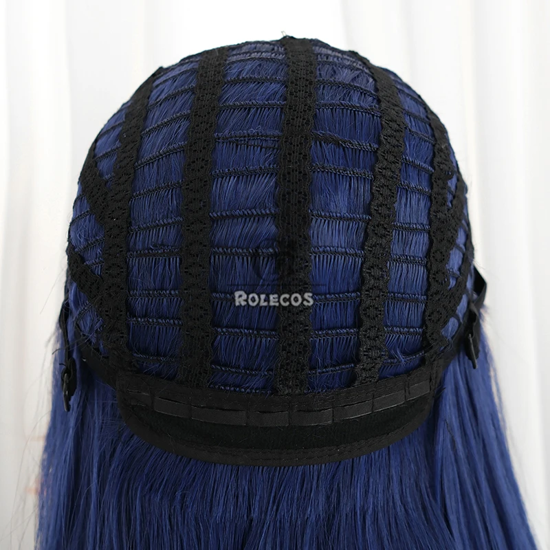 Rolecos jogo de cabelo sintético lol mitmaker nami cosplay perucas com pães halloween 75cm longo azul escuro peruca mista cabelo sintético