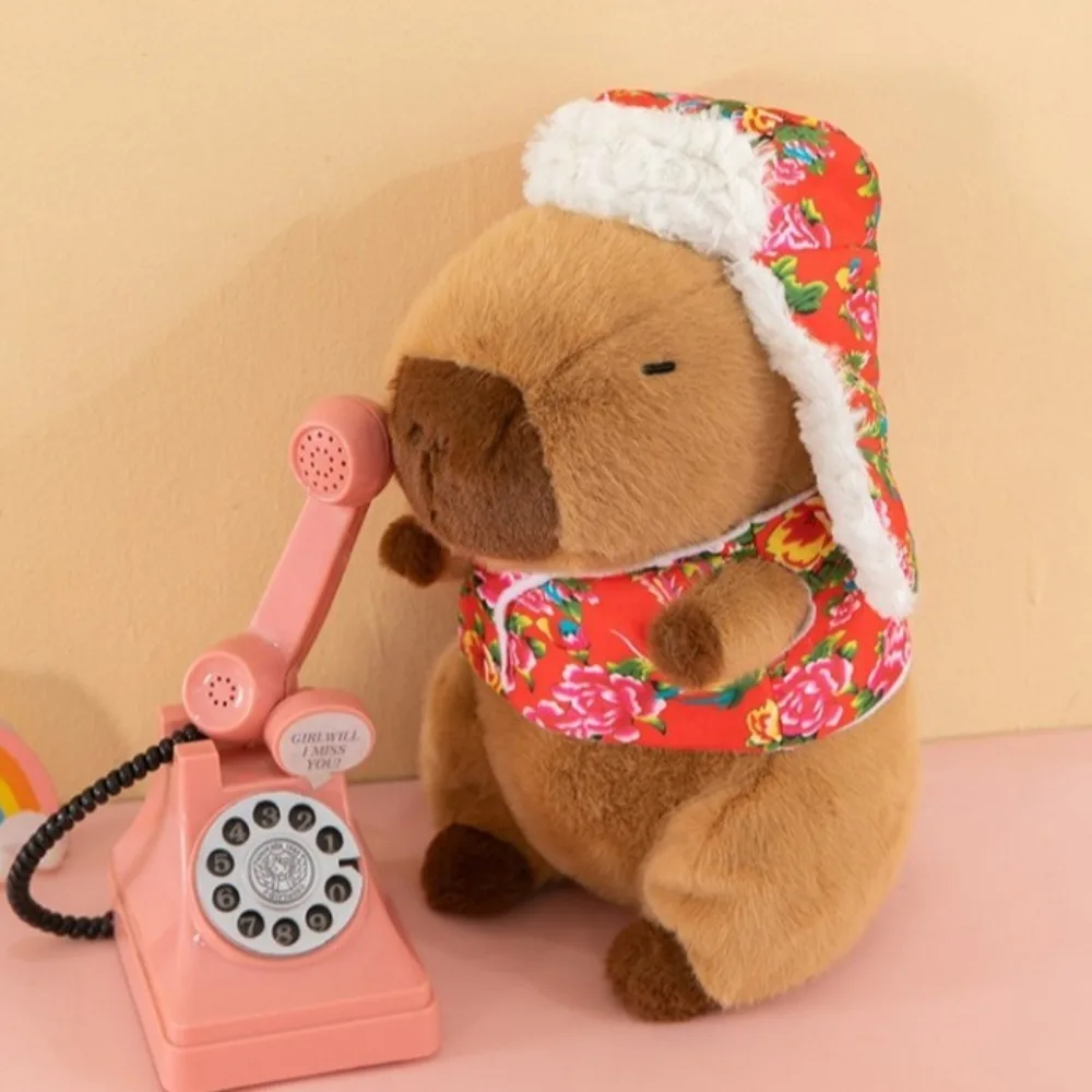 Kawaii Capybara Plush Cute Brown Pink Animals Chinese Flower Coat Home Decor Anime Fluffy Toy Birthday