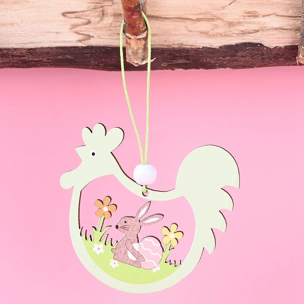 2Pcs Easter Hollow Chicken Shaped Pendant Wood Crafts Tags Rabbit Hanging Ornament Cutouts Gift for Party Decorations,