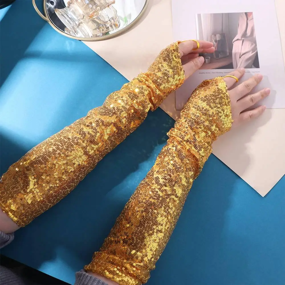 

Танцевальные перчатки без пальцев с блестками, креативные блестящие блестящие варежки, светоотражающие 50 см, женские перчатки для косплея, сценическое выступление