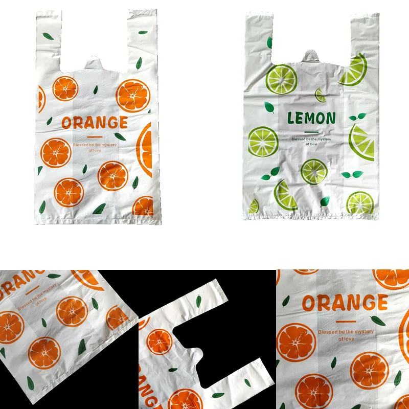 50Pcs Fruit Plastic Bags Orange Lemon Food Carry Out Bag With Handle Supermarket Vest Tote Bag Drink Grocery Storage Packaging