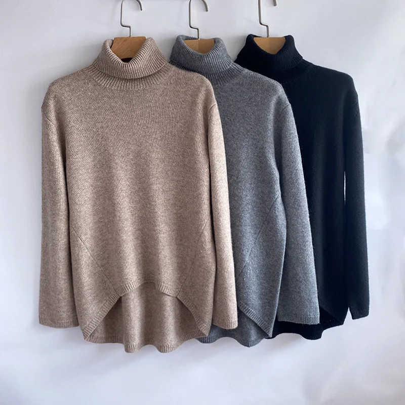 Brand Simple Design Wool Cashmere Women Sweate for Winter High Neck Loose Version Lady Bottom Wear Pullover Top