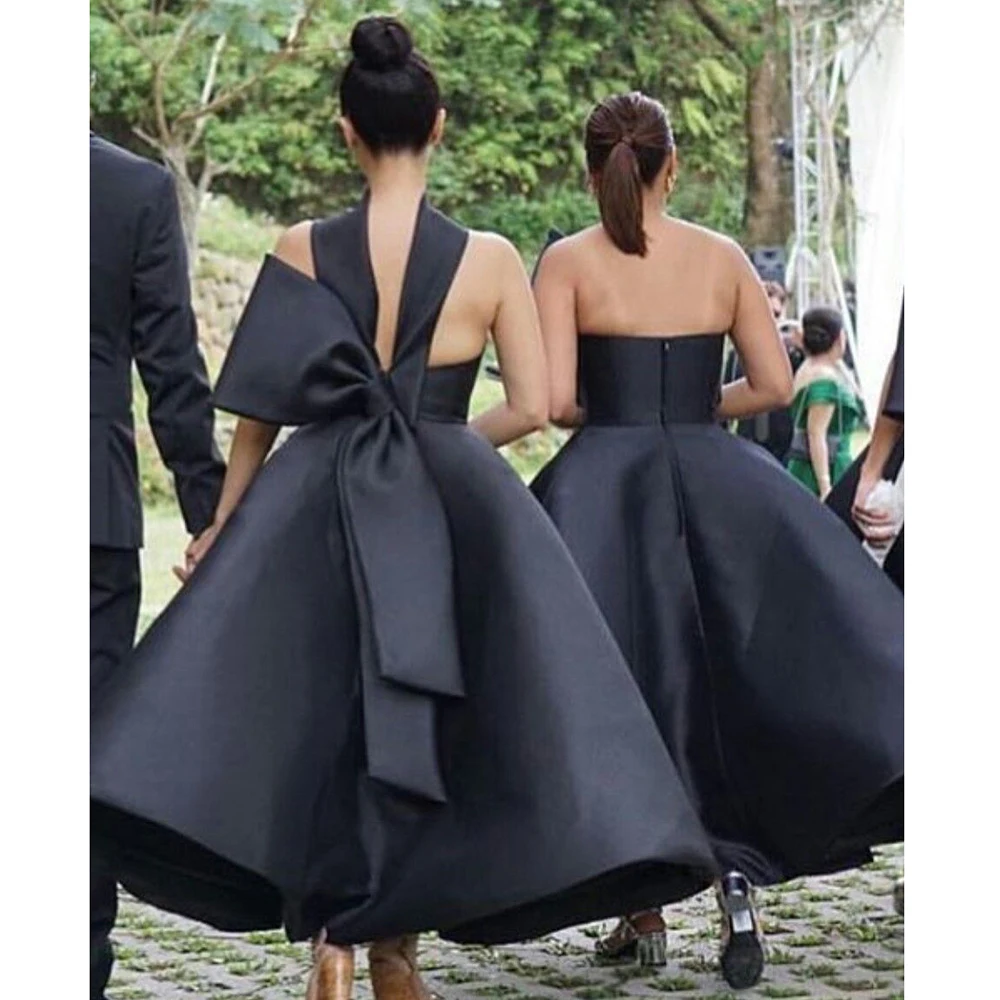 Fashion Halter Wedding Party Dress Black Elegant Sleeveless Taffeta Prom Gown with Bow Slim Fit Solid Ankle-Length Girl Dresses