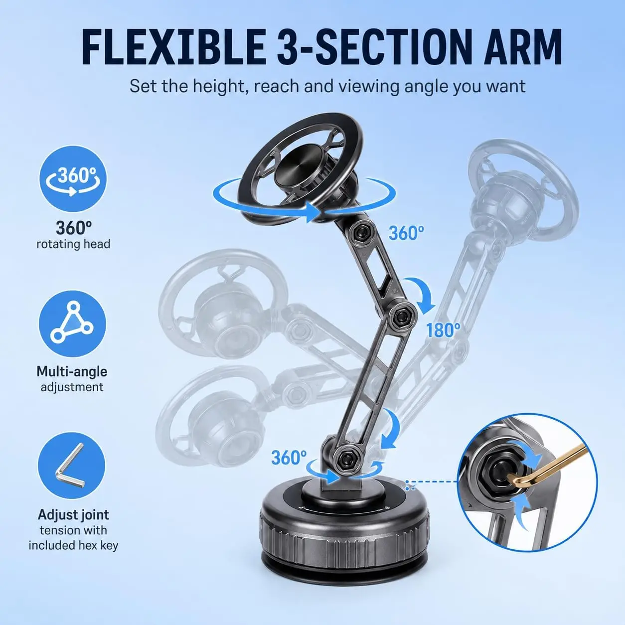 Vakuum- und Magnet-Autotelefonhalterung – 3-Achsen-faltbar 360° ° Armhalterung für Armaturenbrett GPS/Navigation, Universeller Smartphone-Halter – Detail 4