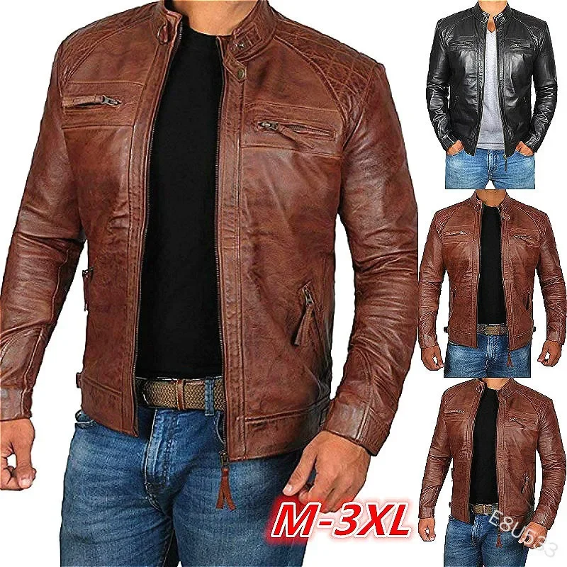 Europe and America Men Pu Leather Jacket Youth Standing Collar Punk Motorcycle Embossed-fit Leather Jacket