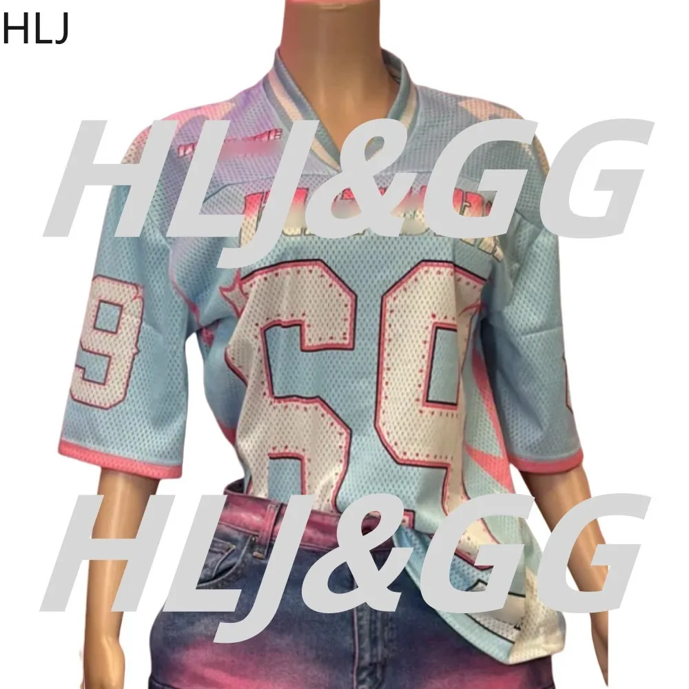 HLJ Blue Casual Letter Printing Loose Basketball Tshirts Women V Neck Short Sleeve Hip-hop Splicing Tops Fashion Y2K Streetwear