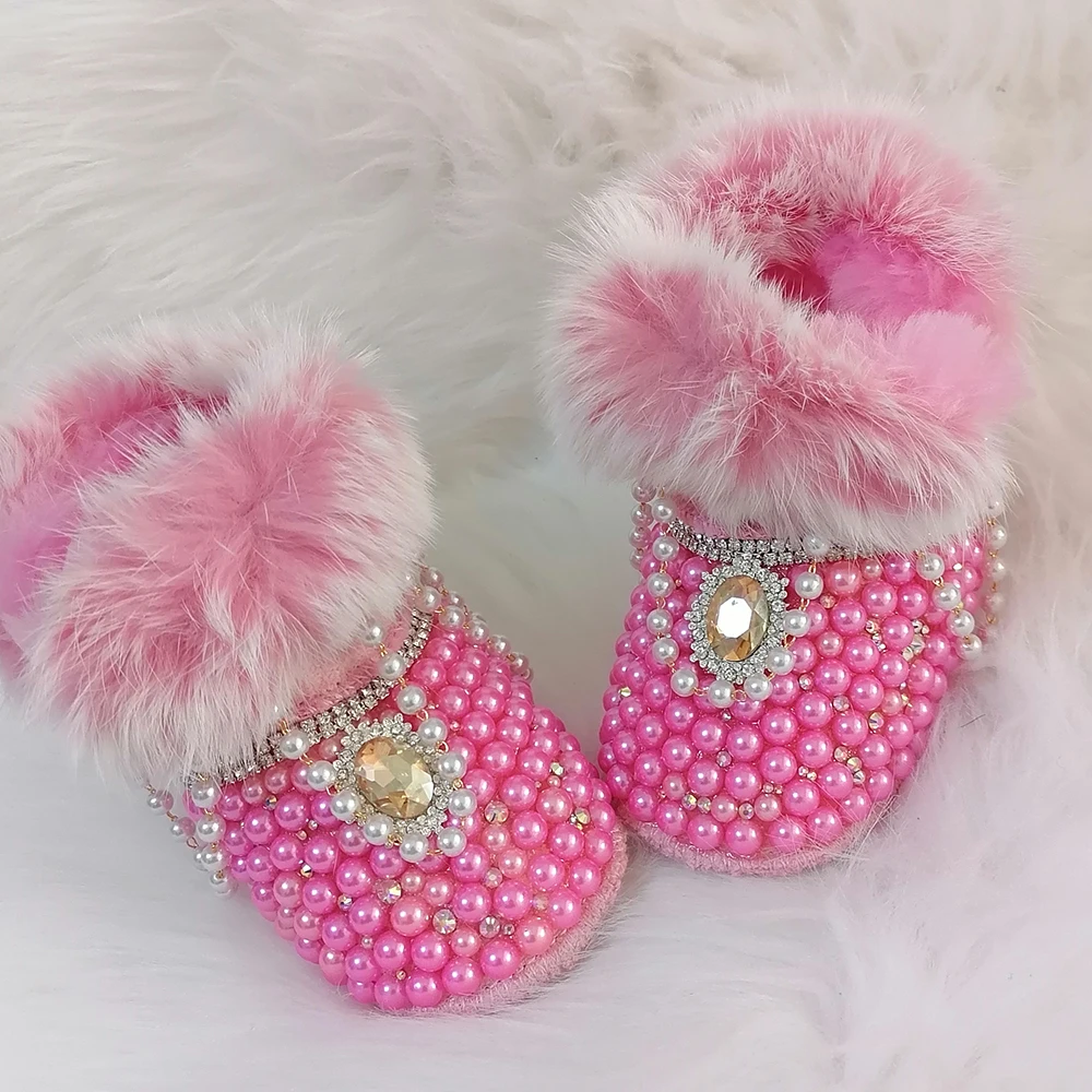 Crystals Pearls Baby Birls Snow Boots Sunglasses Rhinestones Bling Infant Shoes Luxury Shining Decoration Winter Christmas Gift