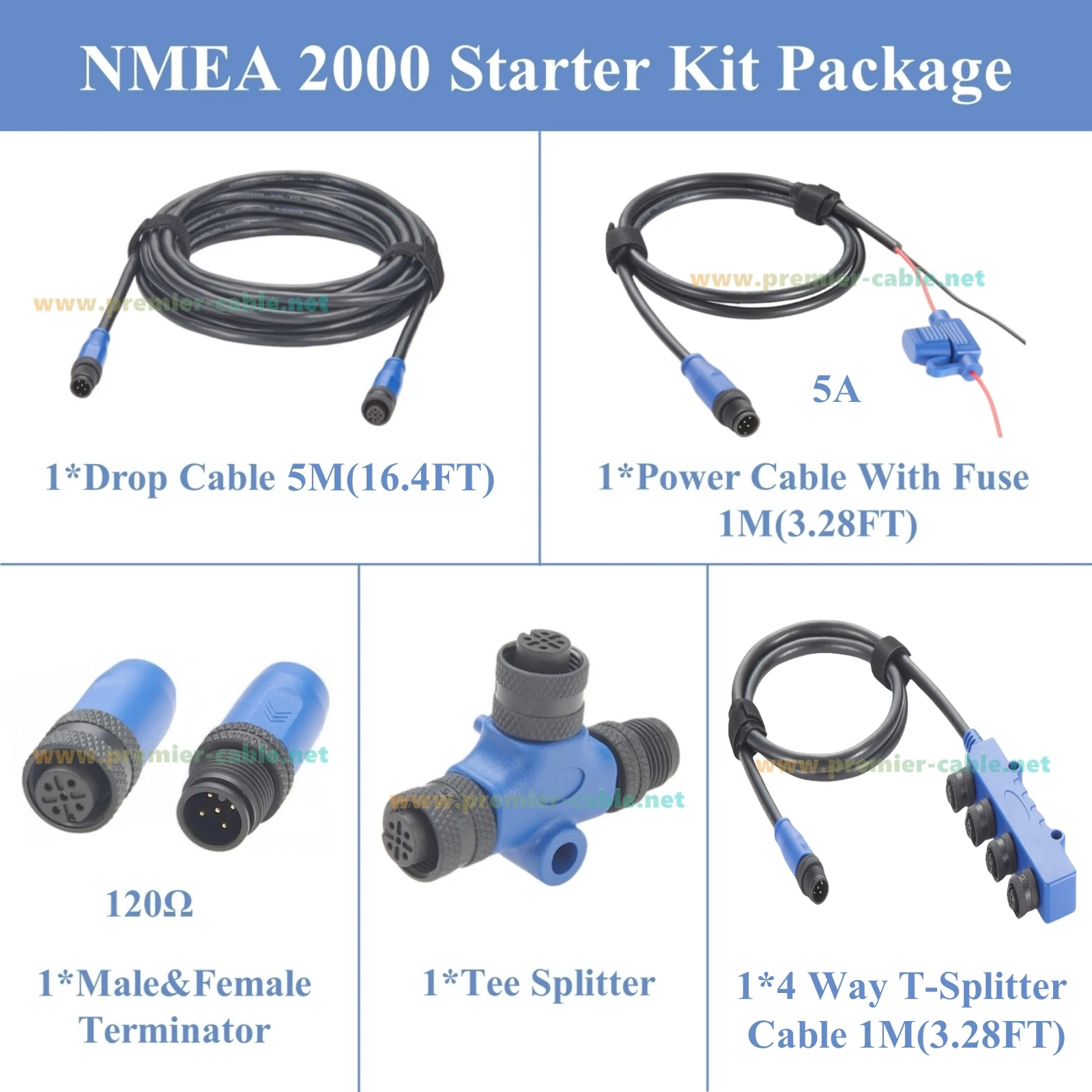 NMEA 2000 N2K Starter Kit Marine Grade Backbone Drop Cable 4 พอร์ต T-Splitter Cable Terminators สายไฟสําหรับ Lowrance Simrad