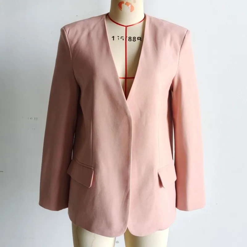 

2025 женская однотонная верхняя одежда в корейском стиле ретро с v-образным вырезом и длинными рукавами и карманами, офисная повседневная одежда в уличном стиле, осенняя одежда