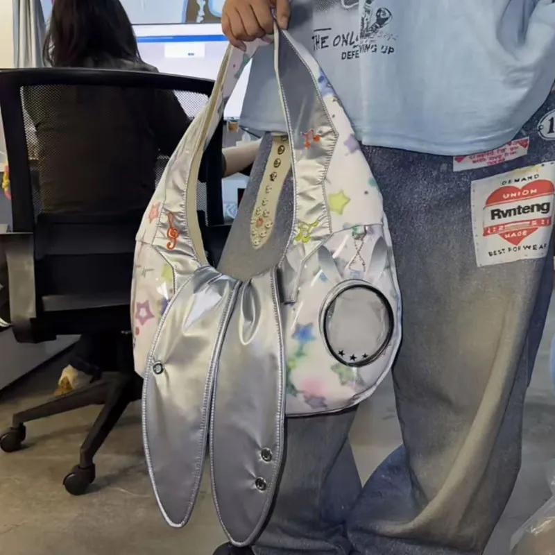 

JIAERDI серебряная милая сумка-тоут с заячьими ушками, женская сумка-тоут со звездами в стиле пэчворк, большая вместительная сумка на плечо, женская модная сумка в стиле Харадзюку Y2K, сумка для подмышек