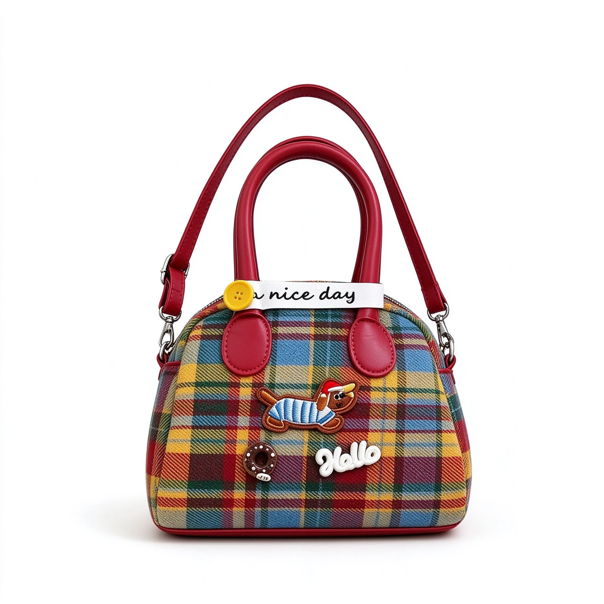Red Dog Bear Rainbow Colorful Tartan Plaid Tweed Dome Handbag Women Y2K Rainbow Check Crossbody Bag Cute Mini Top Shoulder Purse