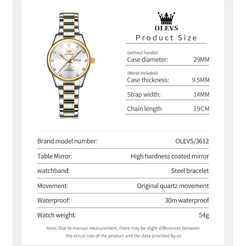 Olevs 3612 elegant quartz ladies watch week calendar display dress watch women waterproof stainless steel clock