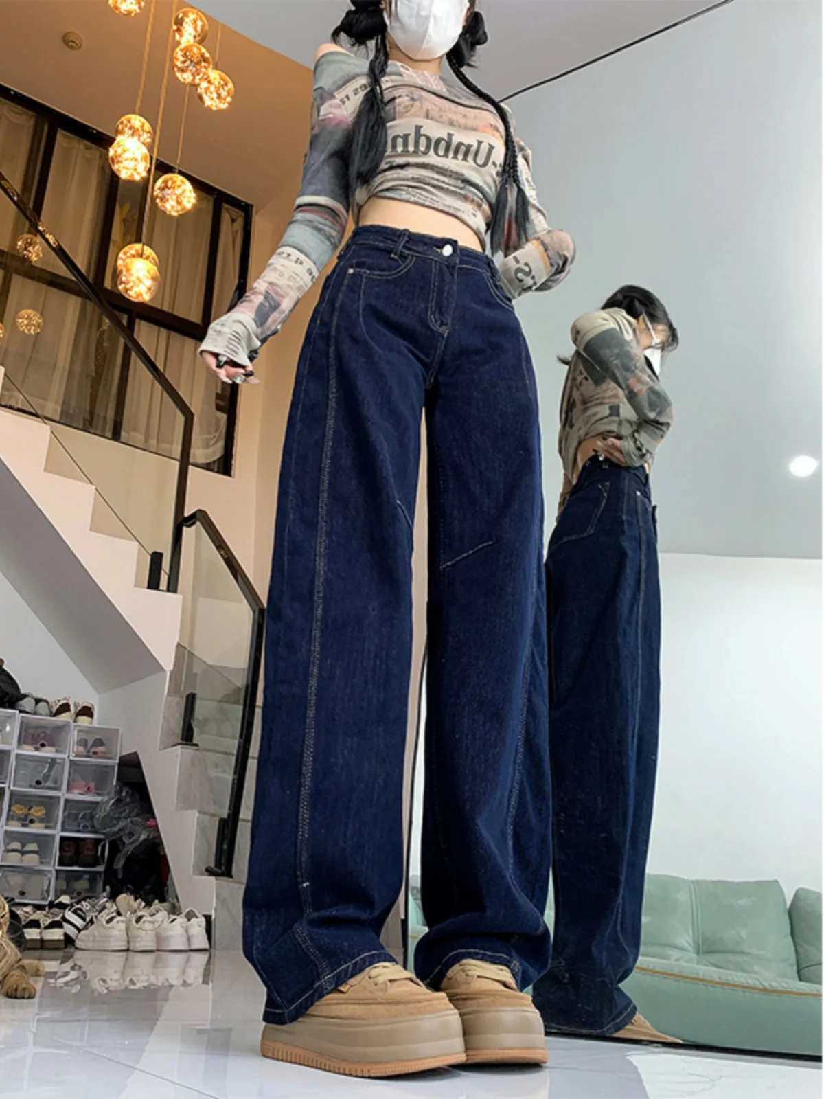 プラスサイズ カジュアル ハイウエスト ワイドレッグジーンズ レディース ブーツカットデザイン ゆったり ルーズフィット デニムパンツ 秋新作 スタイル アメリカンスタイル