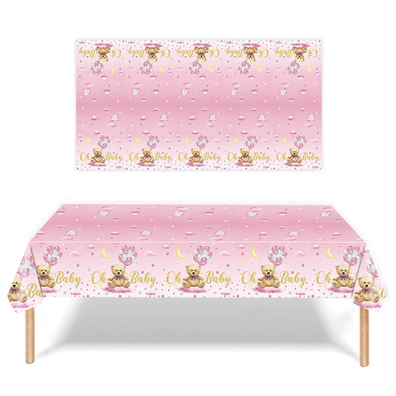 Oh Baby Pink Blue Bear Tablecloth Rectangle Disposable Table Covers for Baby Shower Boy Girl kids birthday Party Decoration