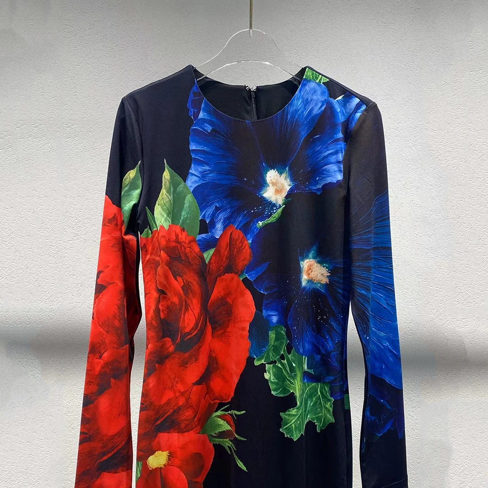 Fashion Floral Printing Women Dress Y2k Temperament Elegant Commuter Round Neck Long Sleeve Long Dresses 2024 Fall / Winter New