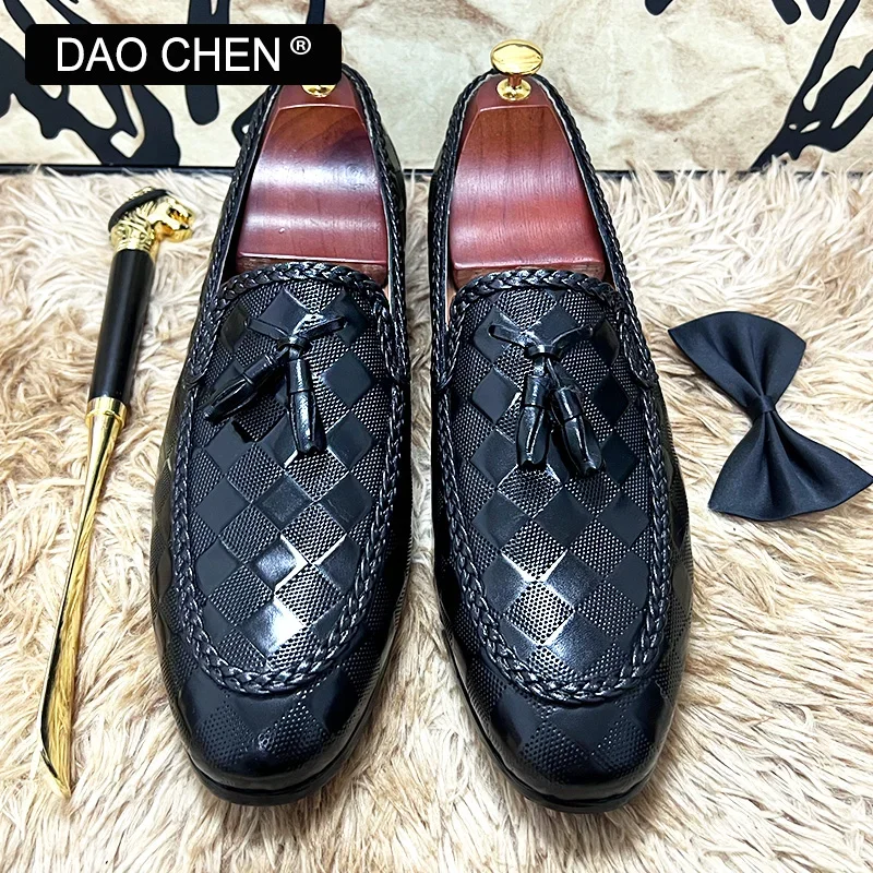 ITALIAN MEN LEATHER SHOES FASHION PLAID PRINT WEAVE CASUAL SHOES BLACK BROWN WEDDING OFFICE DRESS MAN SHOES LOAFERS MEN