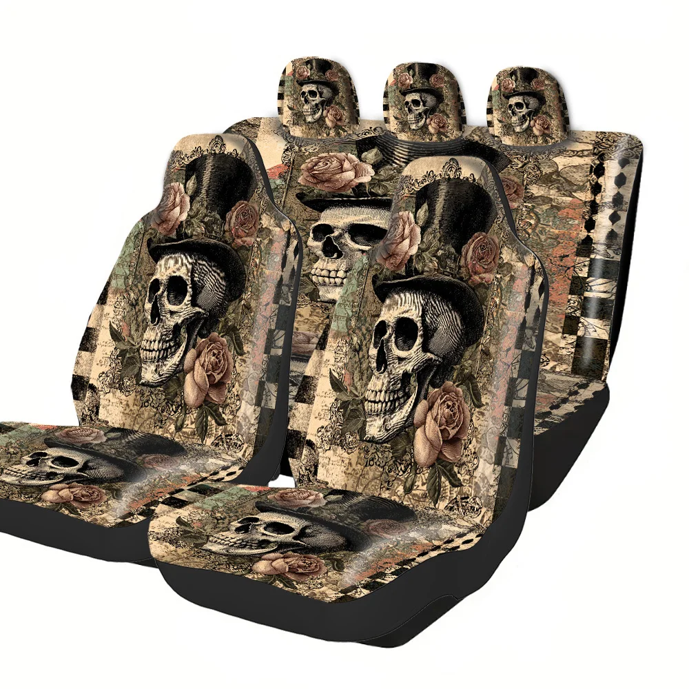 2-5 Seat Set Car Seat Covers Premium Polyester Universal Fit For Truck SUV Off-Road Car Stylish Skull Rose Design Perfect For Ha