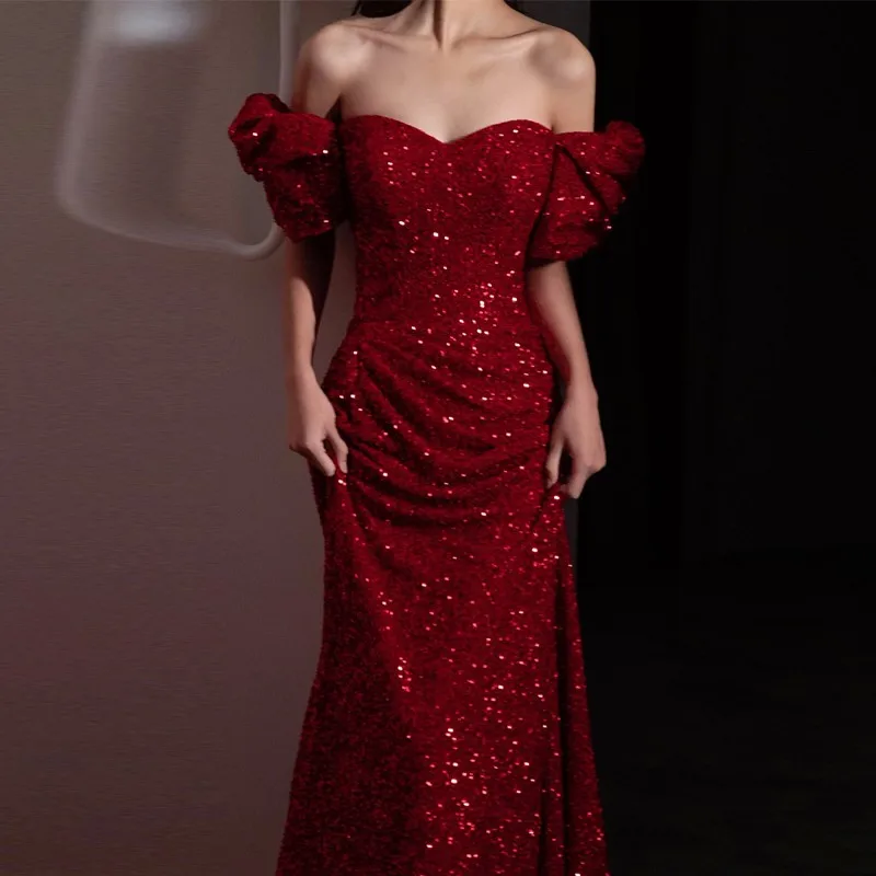 Red light luxury niche line shoulder sparkling toasting banquet host dress