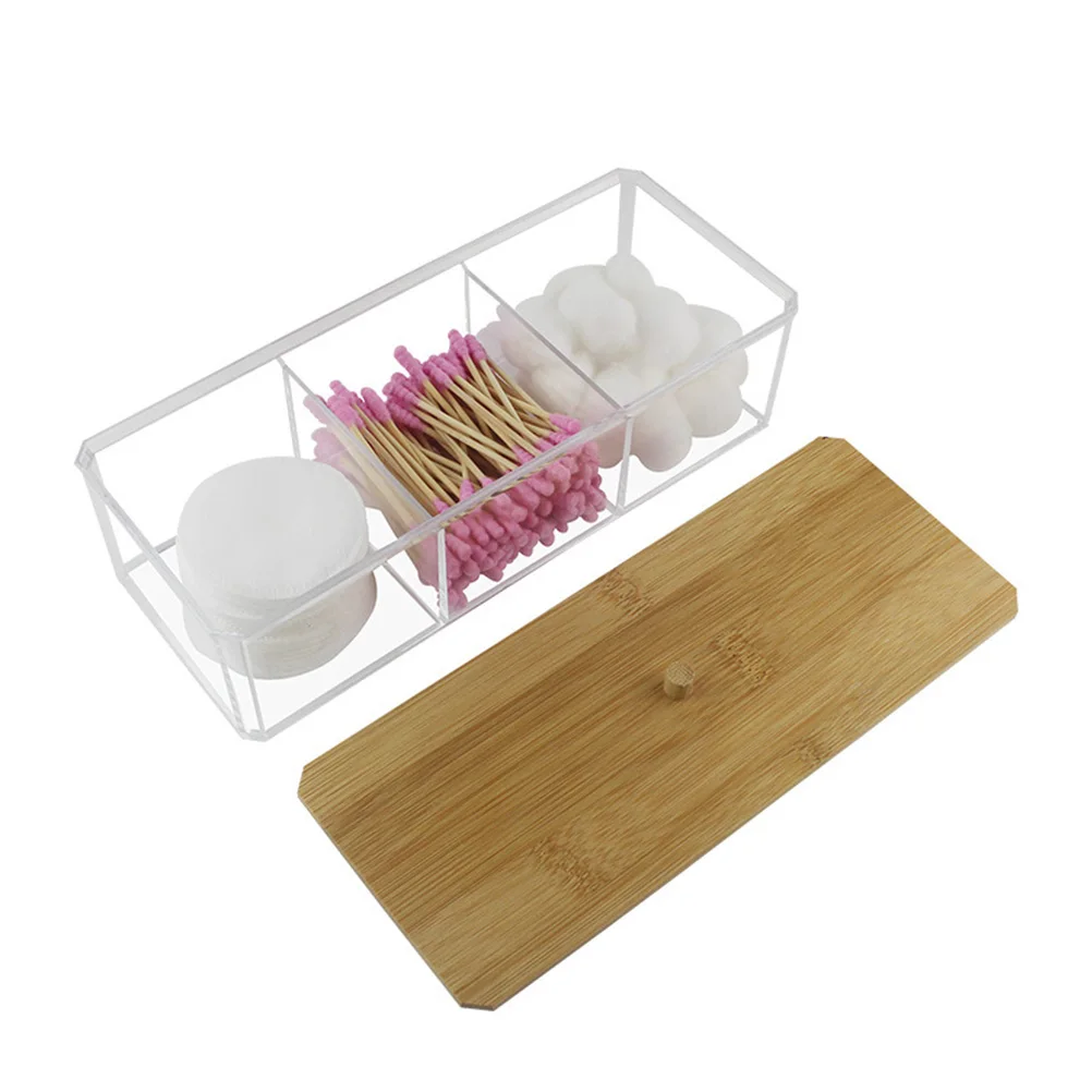 

Bamboo Lid Cotton Swab Box 3 Compartment ganizer Transparent Acrylic Storage Bathroom Counter Accessories Napkin Holder