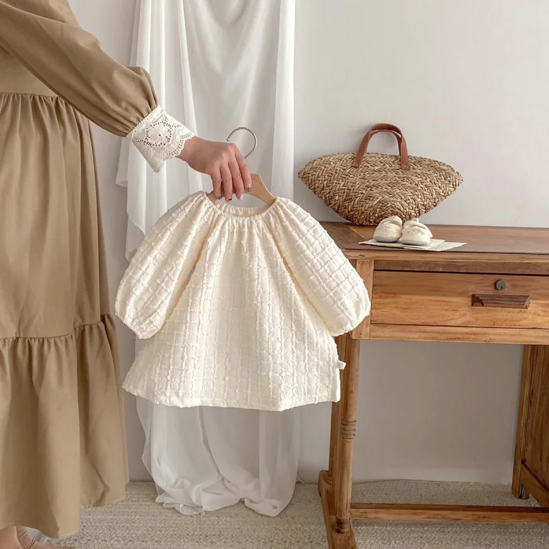 

Spring Baby Girl Ruffled Solid Color Romper Infant Crawling Suit Puff Sleeve Long Sleeve Dress Sister Outfit