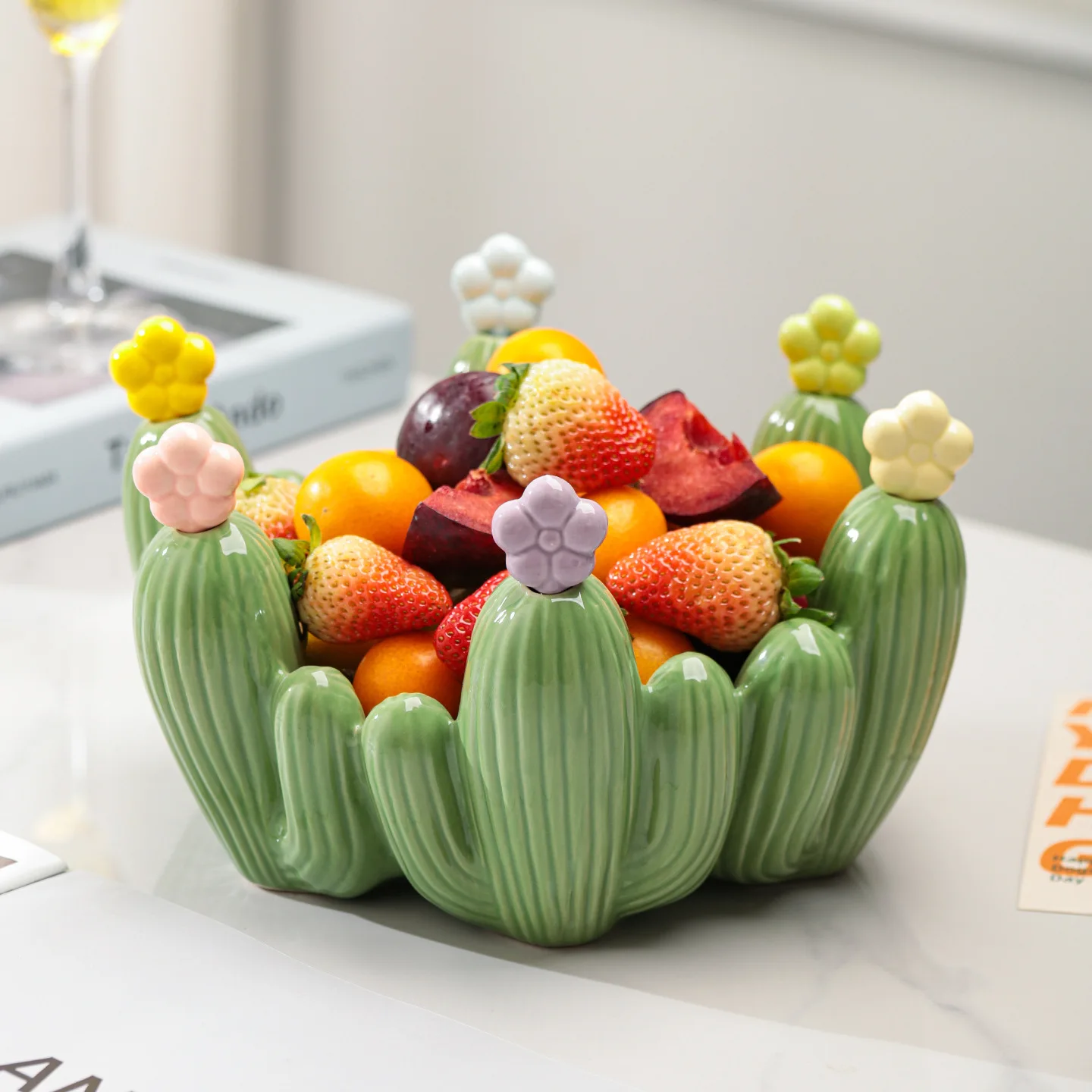 Cactus Ceramic Fruit Tray Fruit Fork Set,Living Room Fruit Skewer Dessert Fork Storage Bowl Coffee Table,Practical Home Supplies