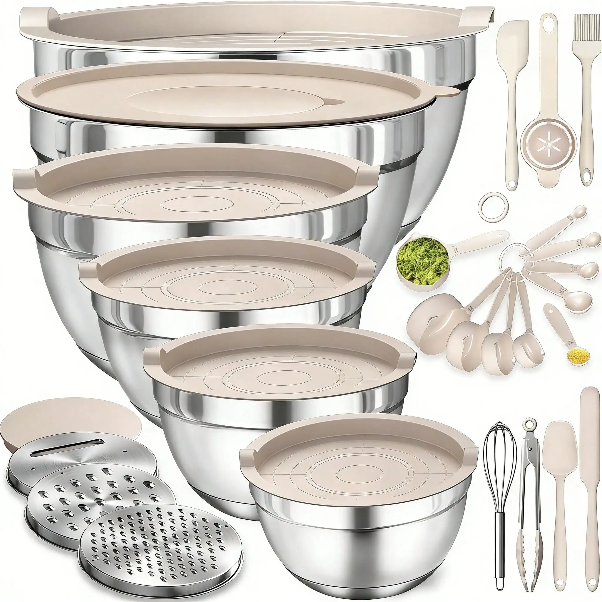 21-teiliges Edelstahl-Rührschüssel-Set mit Deckeln, ineinandersteckbare Salatschüsseln mit 3 Reibeaufsätzen, Silikonspatel, Schneebesen, Messlöffel, Mehrzweck-Küchen-Back- und Aufbewahrungsset