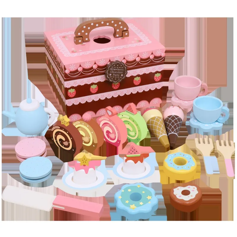 Children's Play House Portable Candy Dessert Cake Wooden Box Simulation Ice Cream Cut Pink Kitchen 3-12y Birthday Gift Girl Toy