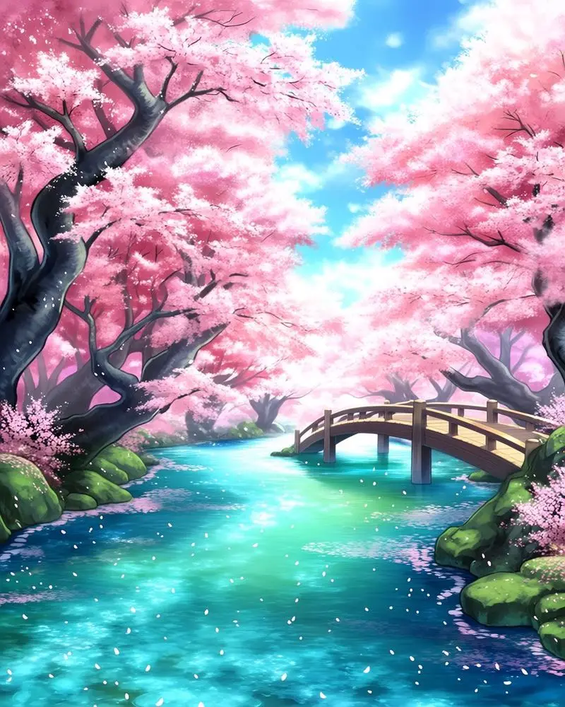 CHENISTORY Pink blossom over river 02