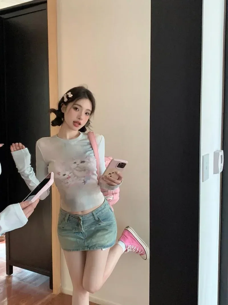 Y2k التعادل مصبوغ كم طويل بلايز سليم صالح الكلب طباعة Camisetas الجمالية خمر المرأة س الرقبة Kawaii الحلو تيز الشارع الشهير #3