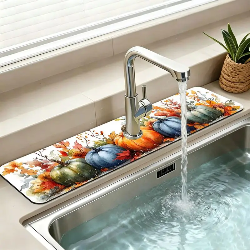 VIKAMA Fall Pumpkin Maple Leaf Faucet Mat Blue Green Print Absorbent Non Slip Sink Drainer Pad For Autumn Decor