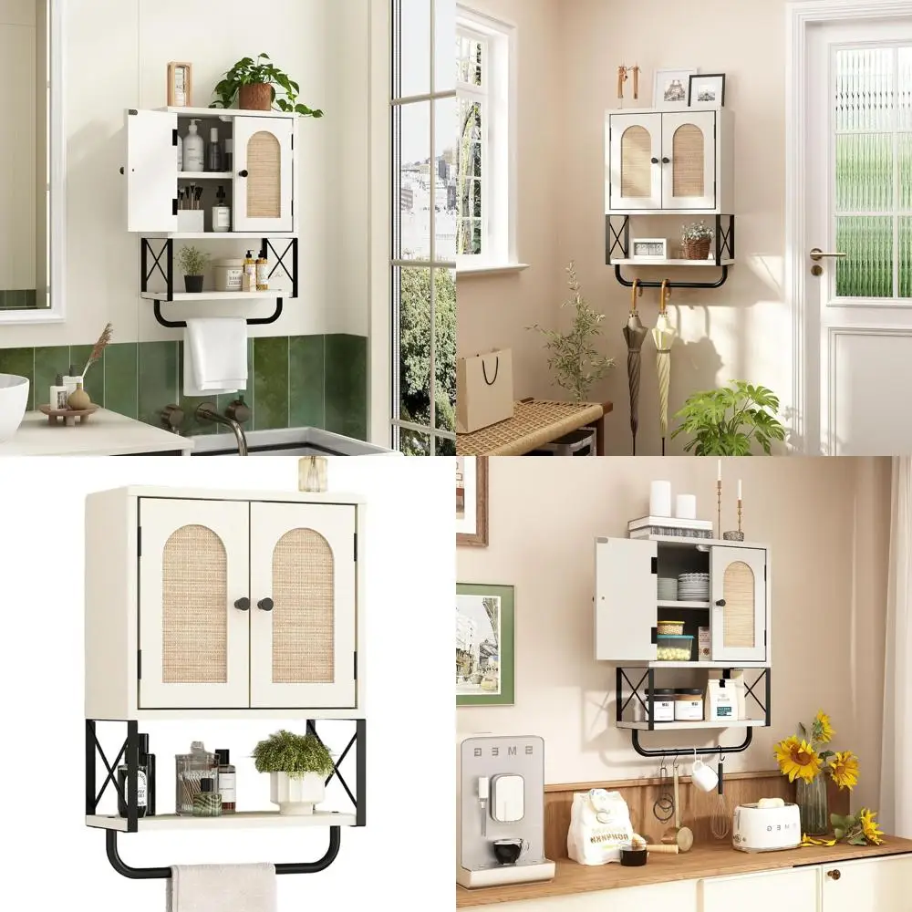 

Vintage White Small Rattan Bathroom Wall Cabinet with Arched Doors, Over Toilet Storage, Adjustable Shelves & Towel Bar