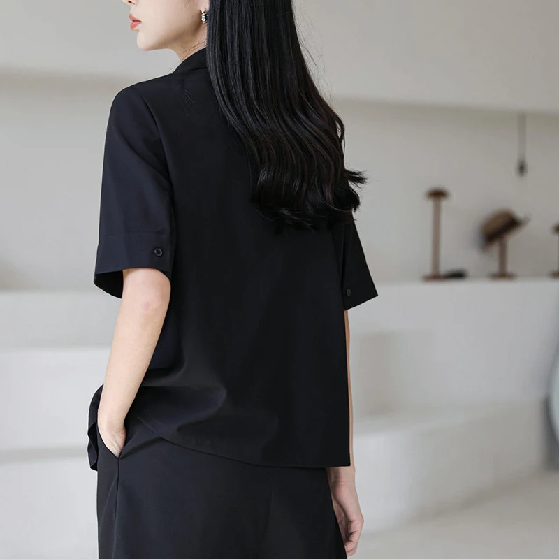 Y2K Double Collar Chiffon Shirt Korean Fashion All Match Women Half Sleeve Tops Summer Casual Office Ladies Black Blouse