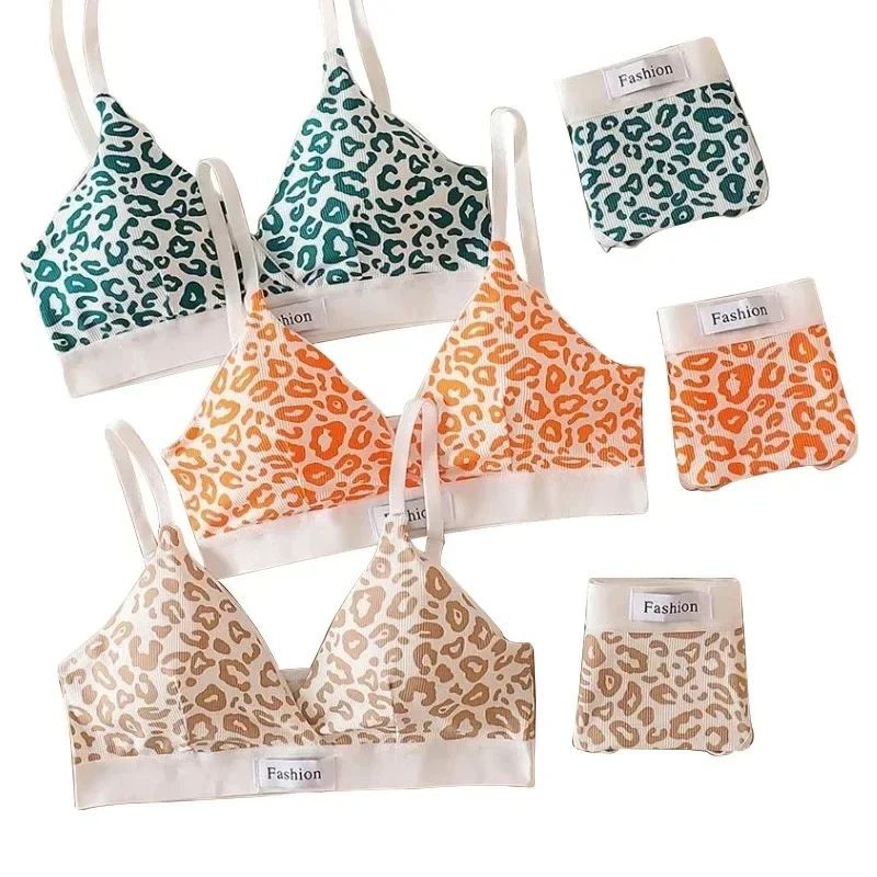 Summer New Women\'s Leopard Print Traceless and Steel Rim Bra Adjustable Shoulder Strap Back Women\'s Underwear Set