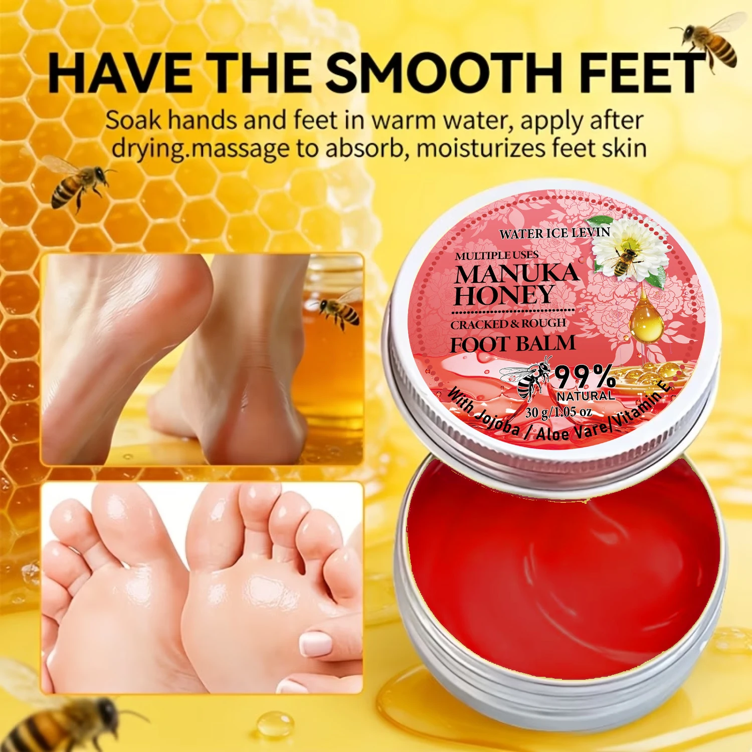 Manuka Honey Foot Balm with Collagen & Vitamin E – Moisturizing Firming Care for Dry Rough Feet 30g