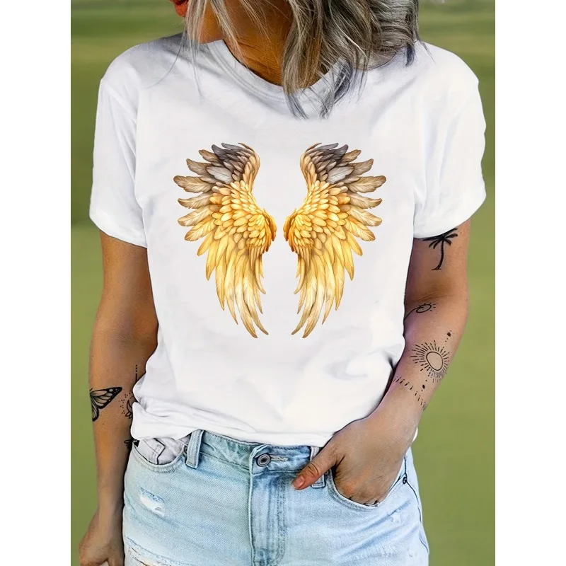

Golden Angel Wings Printed Casual Loose Four Seasons Comfortable Women's Round Neck Fashion Harajuku Women's Cotton Top T-shirt