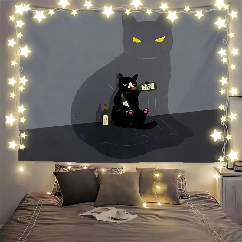 VIKAMA Funny Surfing Black Cat Tapestry Ocean Wave Cartoon Print Wall Hanging Aesthetic Bedroom Living Room Decor