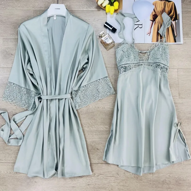 Twinset Robe Suit Female Spaghetti Strap Nightgown With Bathrobe Set Sexy V-Neck Sleepwear Lace Patchwork Loungewear Nightdress