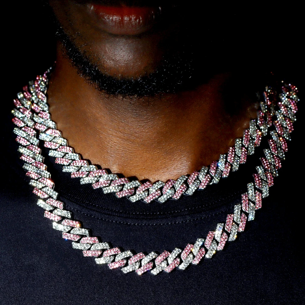 Iced Out Bling Pink Cuban Chain Necklace & Bracelet 14MM AAA Rhinestones Rhombus Cuban Link Choker Necklaces Hiphop Jewelry Gift