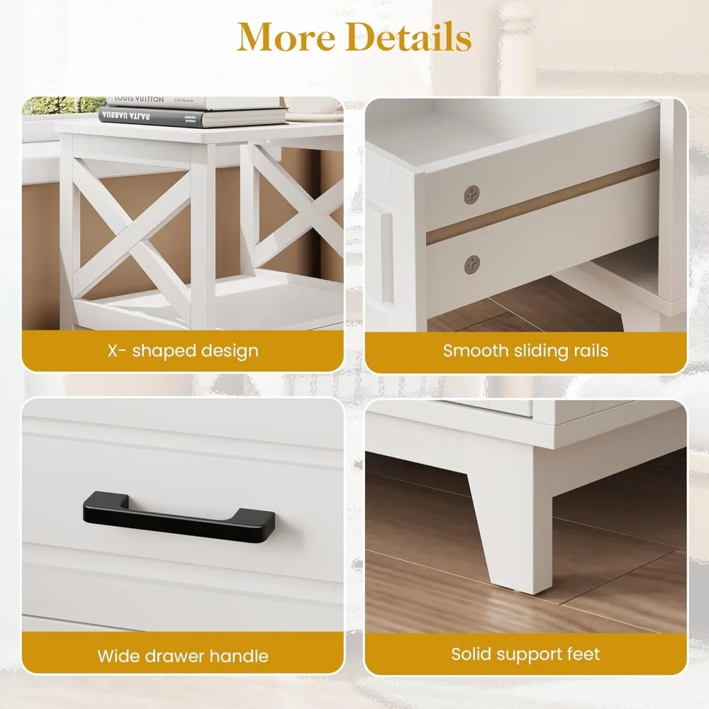 منضدة بيضاء 30 مرتفعة مع درجين ورف مفتوح، وطاولة بجانب السرير حديثة، وأرجل خشبية صلبة #5