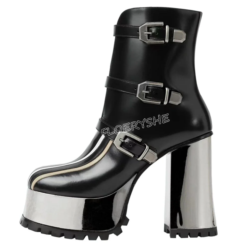 Black Leather Platform Ankle Boots New Arrival Mixed Colors Women Round Toe Buckle Chunky High Heel Party Autumn Winter Shoes